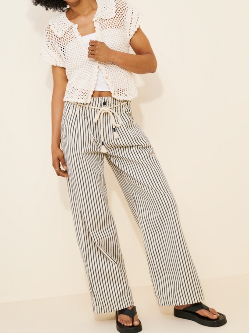 Free People Dakota Cinched Railroad Pull-On Jeans Striped Wide-Leg Pants Size SP